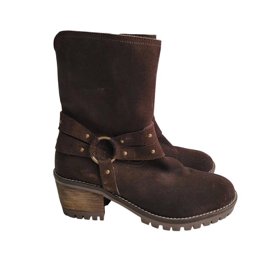 Vintage Foundry Co Sienna Suede Studded Harness Boot Brown Heeled Size 7.5